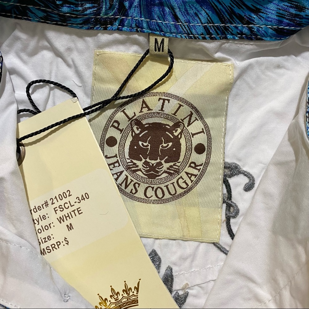 Platini Men’s Embroidered Button Down Shirt w/ Paisley Pattern Trim Sz M  White - Picture 9 of 10